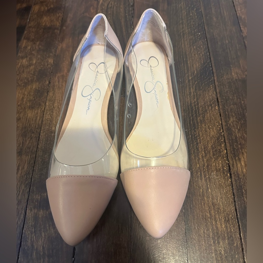 Jessica Simpson Zayra beige tan and clear point toe flats 38 7.5